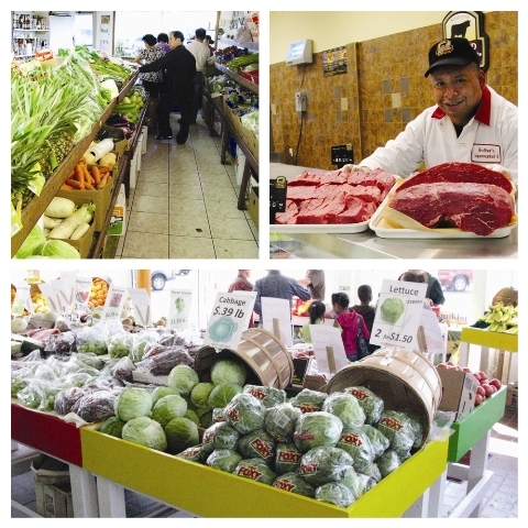 Dot Cornucopia: Top left: Fresh and affordable veggies at A.C. Farm Market, 1429 Dorchester Ave.; Top right: Ramon Perez, butcher at Brother's SUpermarket, 776 Dudley St.; Bottom: A Haymarket fell at New Market Farm Stand, 1299 Massachusetts Ave.